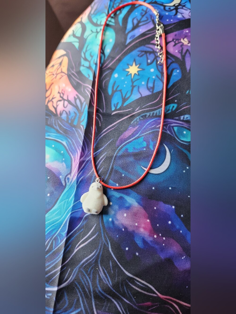White/grey Penguin Pendant Necklace on Red Cord